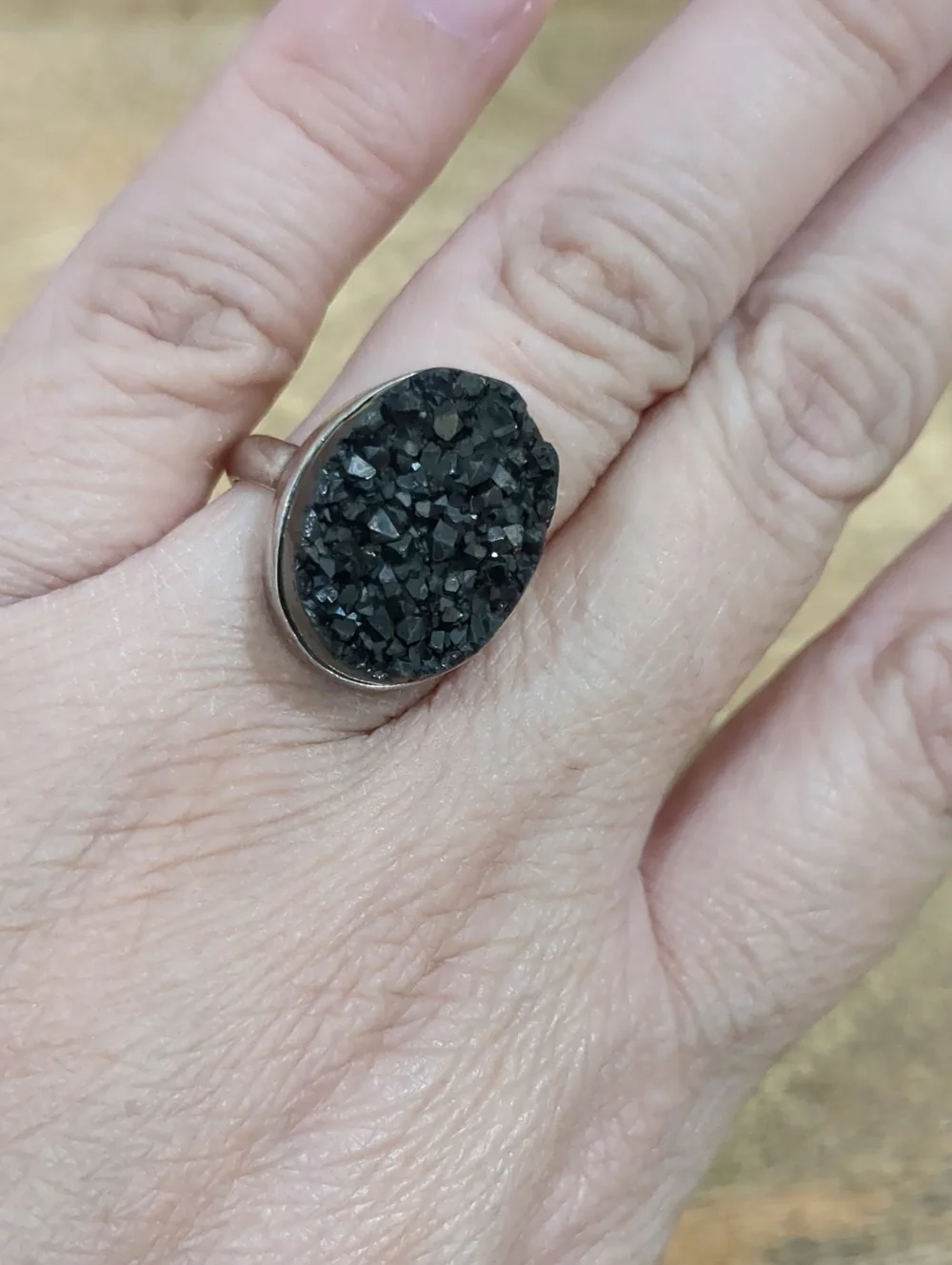 Black Druzy Oval Ring Sterling Silver